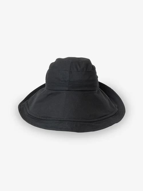 Black bucket hat with drawstring outlet