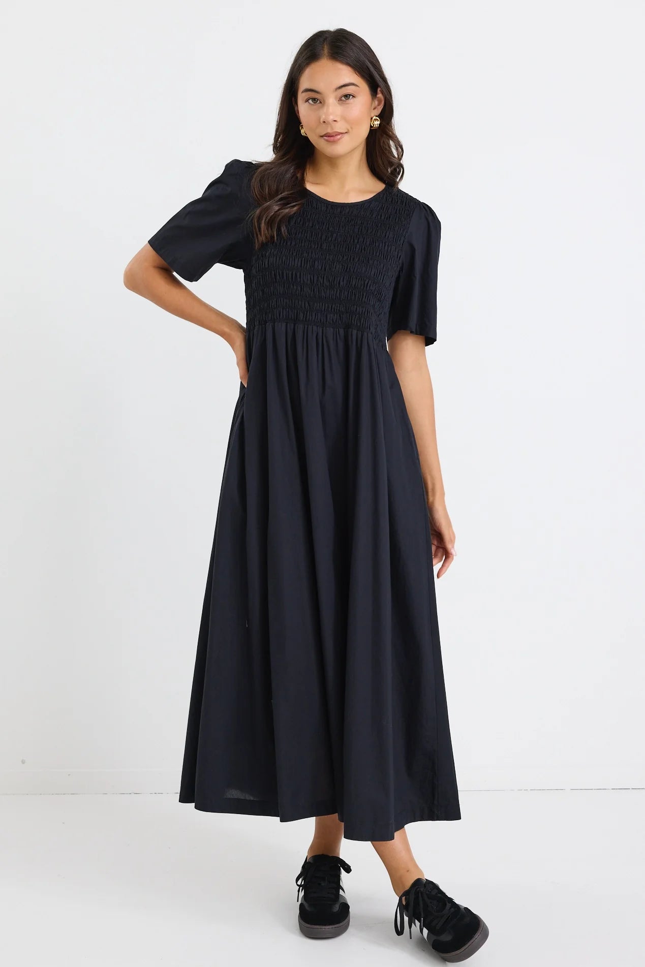 RE:UNION LABEL // Wren Shirred Midi Dress BLACK