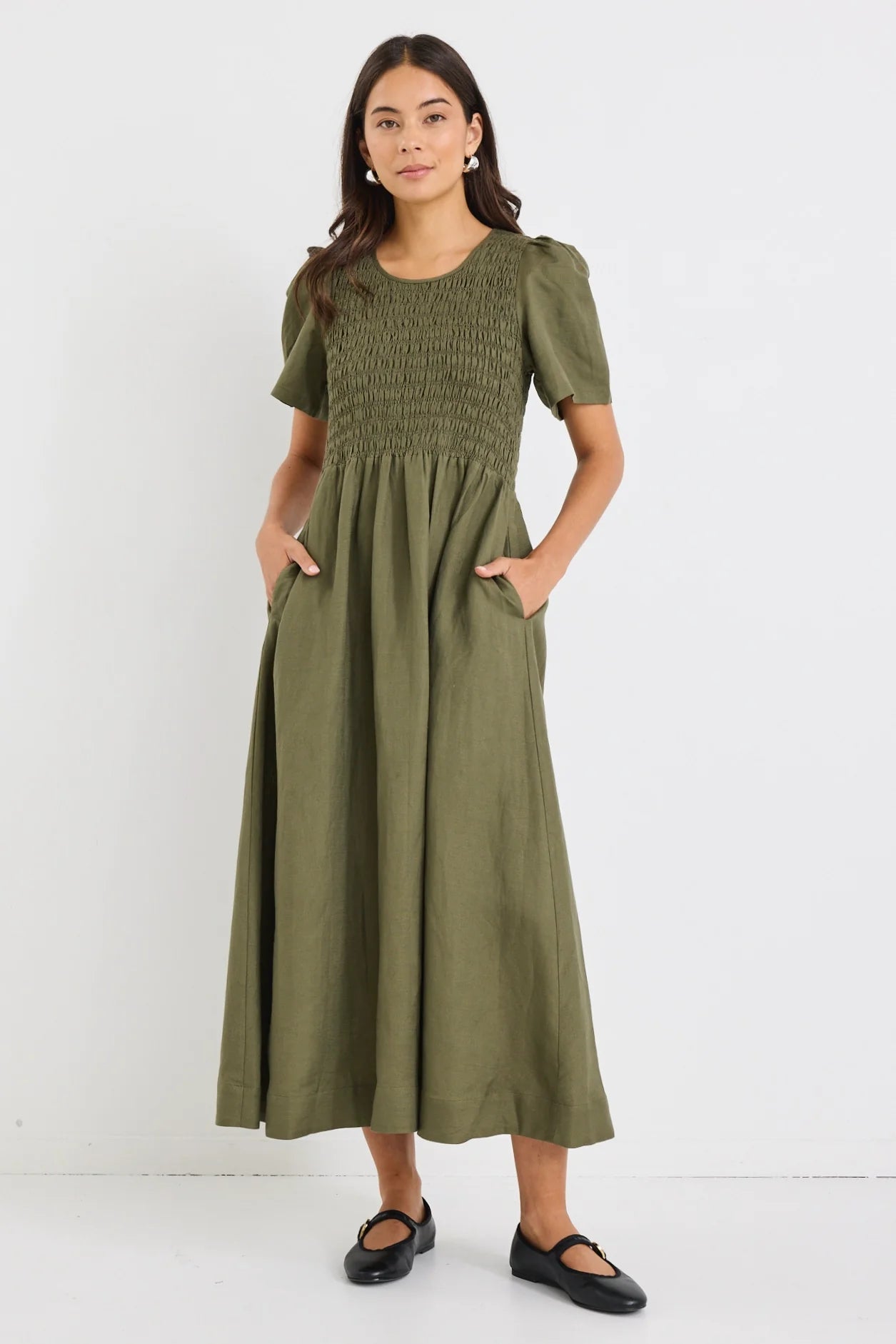 RE:UNION LABEL // Wren Shirred Midi Dress KHAKI