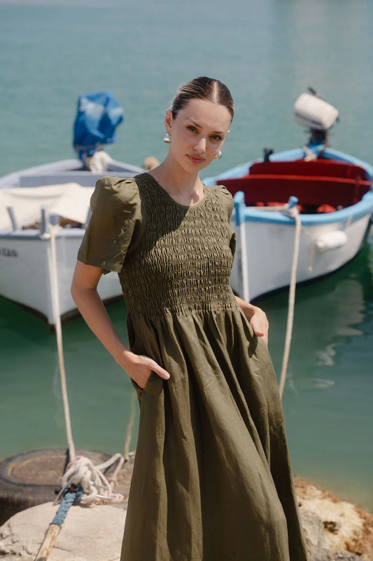 RE:UNION LABEL // Wren Shirred Midi Dress KHAKI