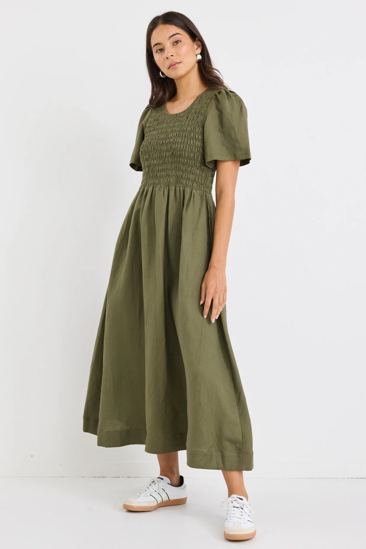 RE:UNION LABEL // Wren Shirred Midi Dress KHAKI