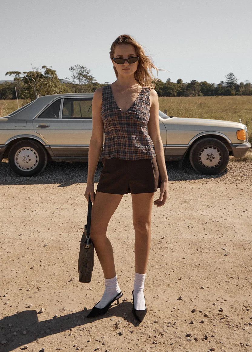 Giselle Seersucker Top SHEV INDIGO CHECK