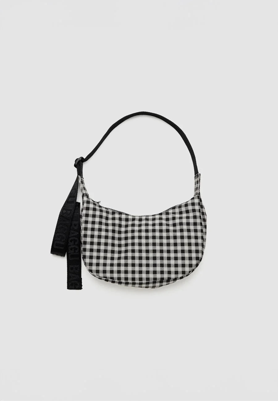 BAGGU // SMALL Nylon Crescent Bag BLACK & WHITE GINGHAM