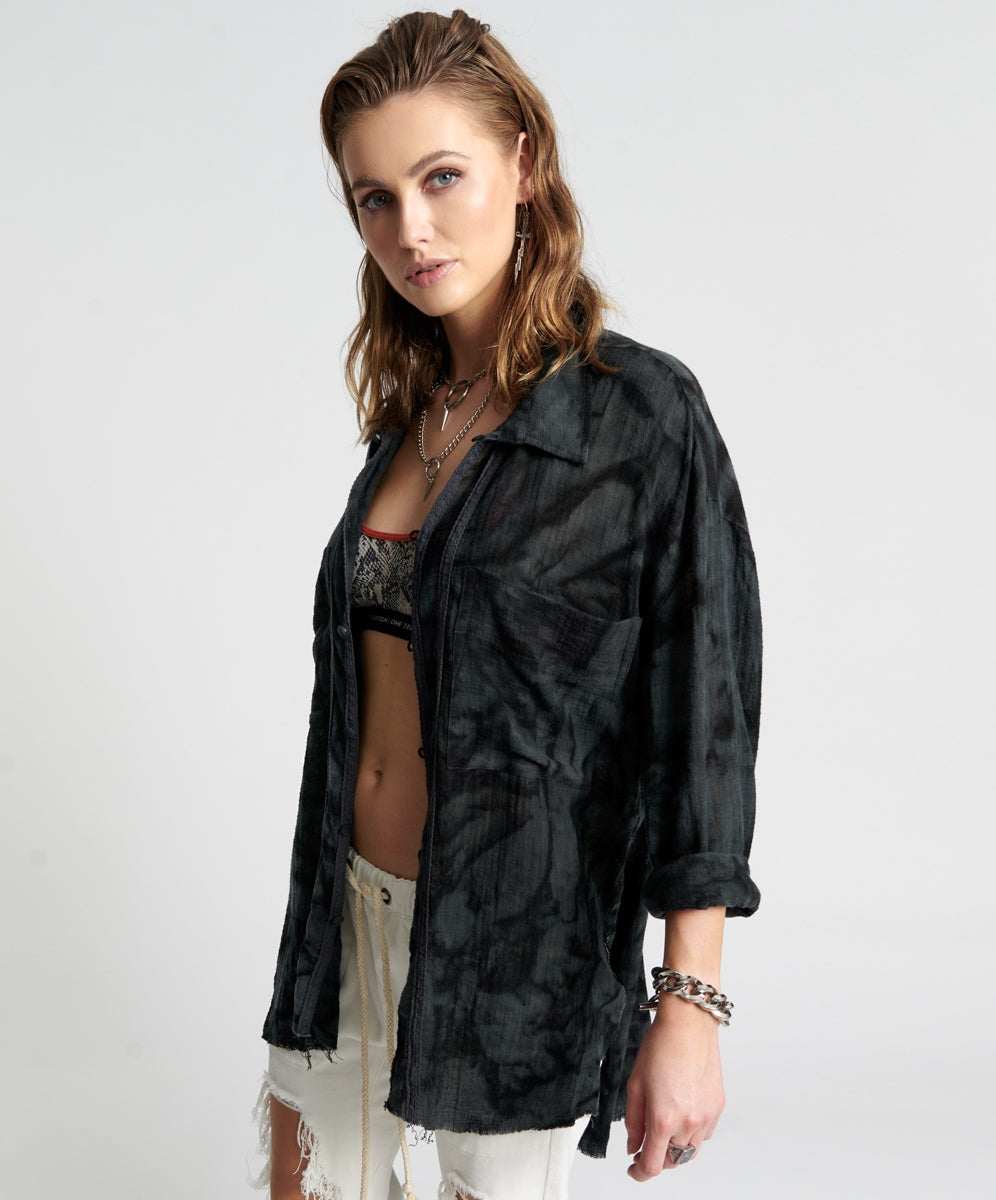 ONE TEASPOON // Resonance Muslin Longline Shirt BLACK INK