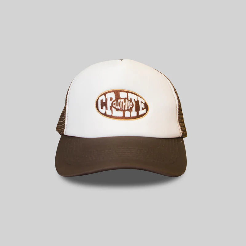CRATE // Unisex Oval Varsity Trucker Cap BROWN