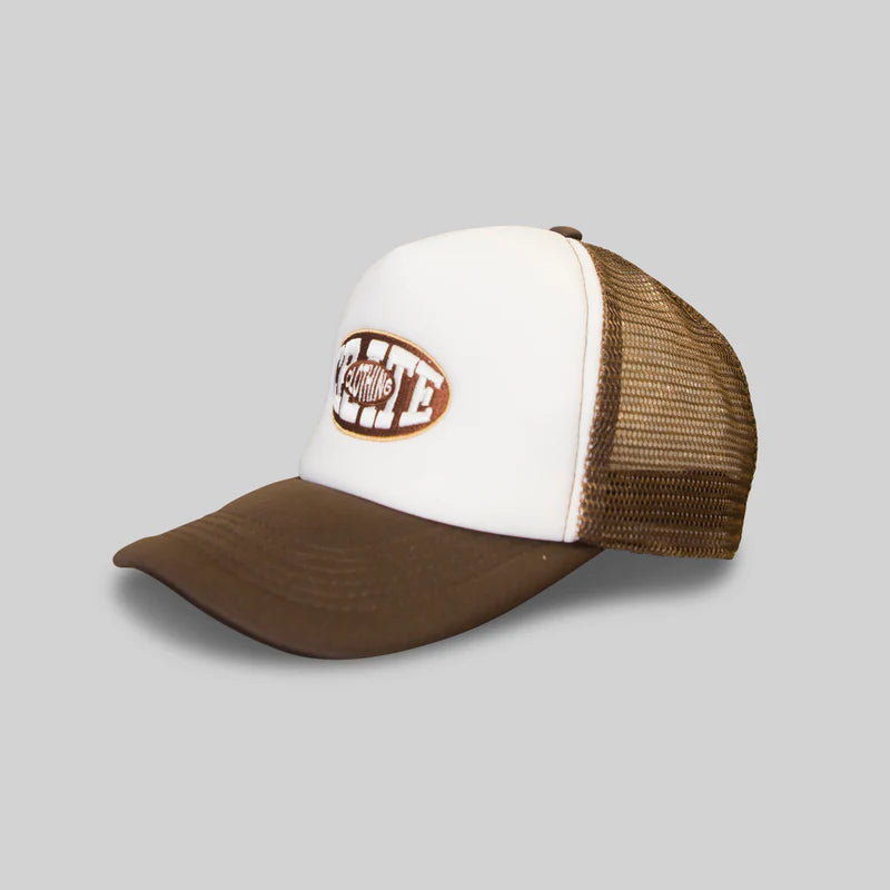 CRATE // Unisex Oval Varsity Trucker Cap BROWN