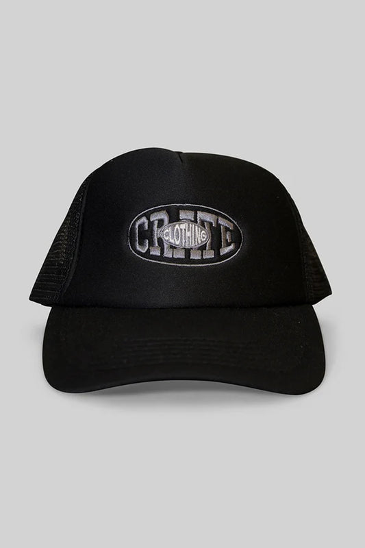CRATE // Unisex Oval Varsity Trucker Cap BLACK/BLACK