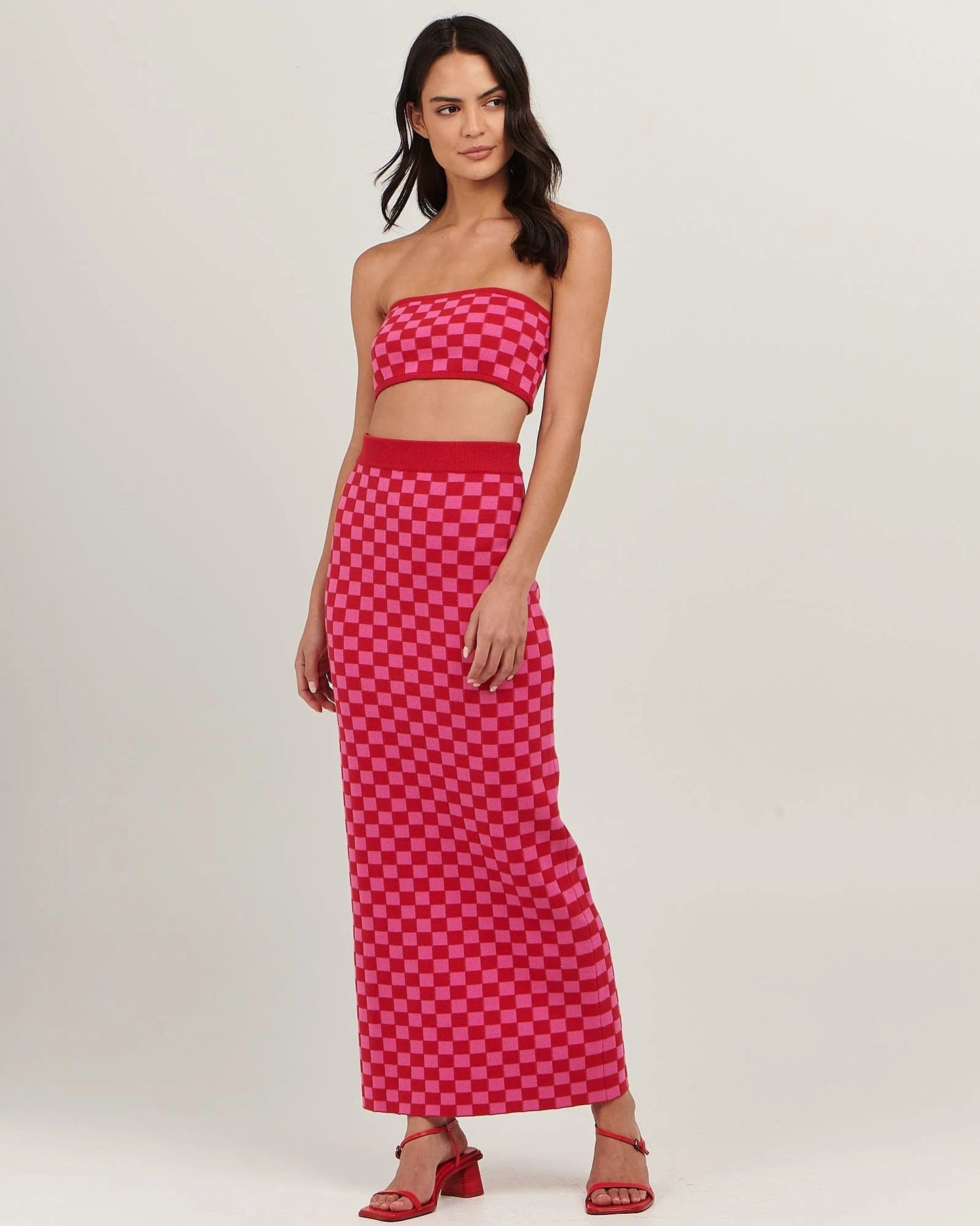 CHARLIE HOLIDAY // Valery Maxi Skirt PINK RED CHECK